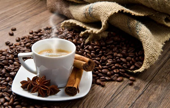 Кофе, чашка, корица, кофейные зерна, coffee, анис
