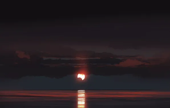Море, небо, облака, ночь, луна, рисунок, gracile @gracile_jp