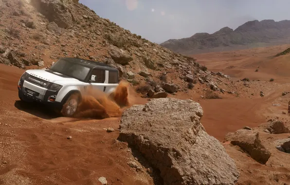 Картинка песок, Concept, небо, камни, пустыня, концепт, Land Rover, передок