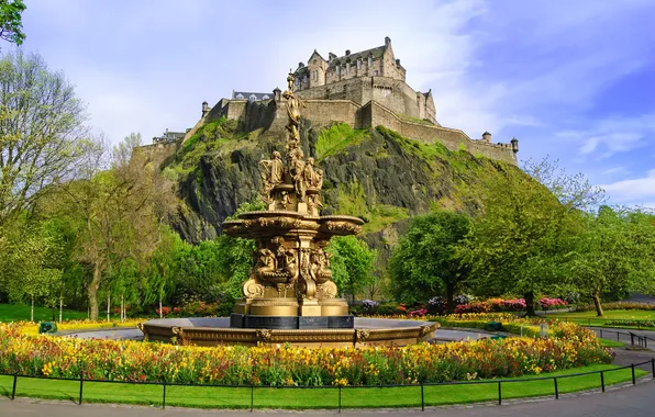 Картинка город, фото, замок, Шотландия, фонтан, Edinburgh, Ross fountain