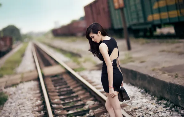 Картинка девушка, железная дорога, азиатка