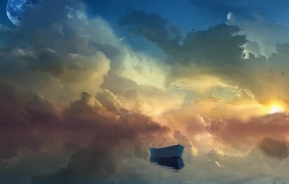 Небо, фантастика, лодка, планета