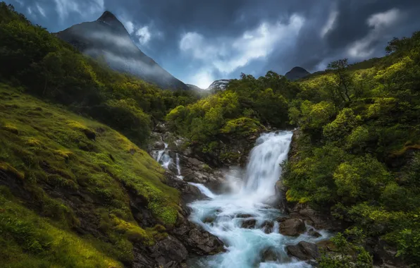 Небо, деревья, горы, природа, водопад, Норвегия, Norway, Ole Henrik Skjelstad