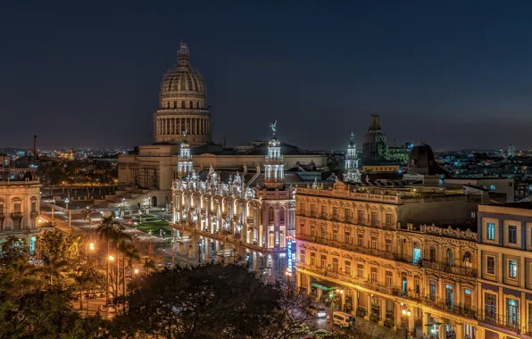 Картинка ночь, огни, Куба, Havana, Гавана, Old Havana