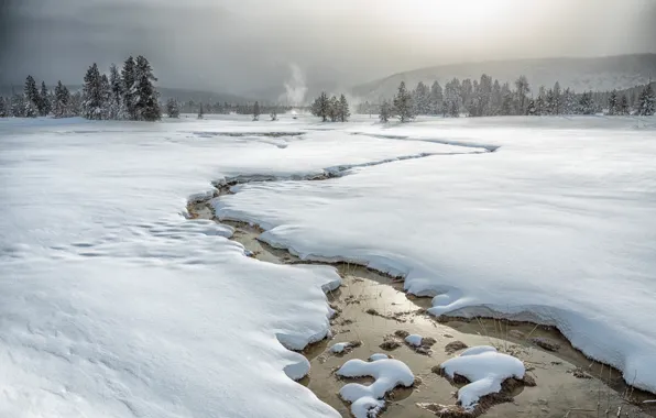 Картинка зима, поле, речка