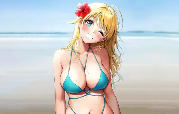 Girl, sexy, wet, cleavage, beach, flower, long hair, sea