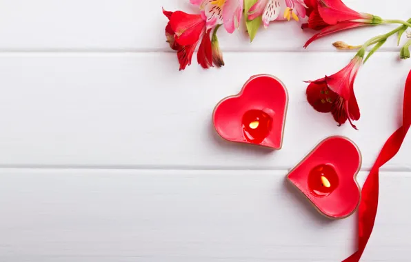 Картинка цветы, свечи, сердечки, red, flowers, romantic, hearts, Valentine's Day