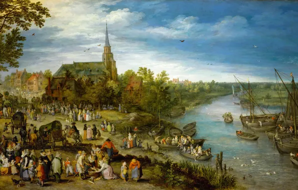 Картинка пейзаж, картина, Ян Брейгель старший, Деревенская Ярмарка