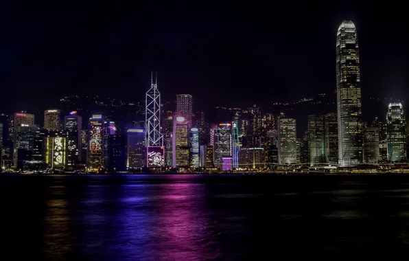 Ночь, город, огни, Гонконг, небоскребы, Hong Kong
