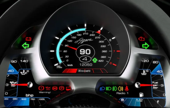 Картинка спидометр, Koenigsegg, индикаторы, датчики, Agera, приборная панель, указатель уровня топлива, указатель температуры масла