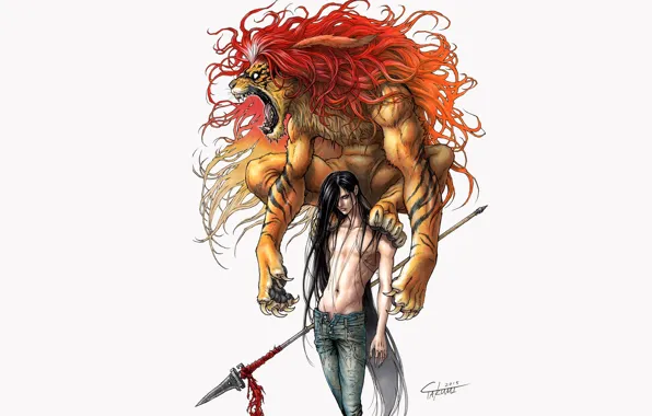 Оружие, аниме, демон, арт, парень, копьё, Ushio to Tora