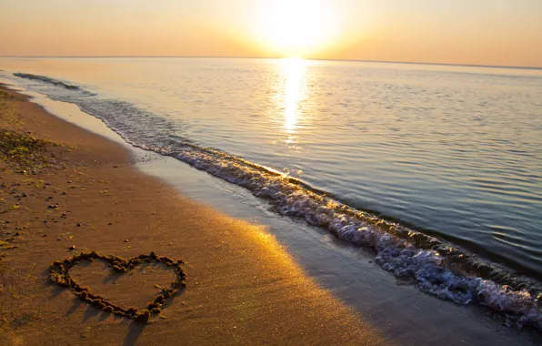 Картинка песок, море, пляж, вода, солнце, любовь, природа, отражение