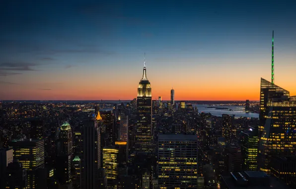 Картинка небо, Нью-Йорк, сумерки, Манхэттен, Эмпайр-стейт-билдинг, One World Trade Center, Соединенные Штаты, 1WTC