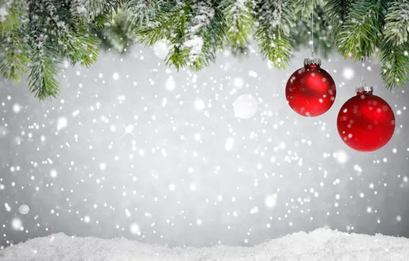 Картинка зима, снег, украшения, шары, елка, Новый Год, Рождество, Christmas