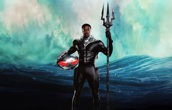Море, костюм, трезубец, шлем, постер, комикс, DC Comics, Black Manta