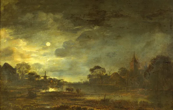 Масло, картина, Пейзаж в Лунном Свете, Арт ван дер Нер, Aert van der Neer, 1677