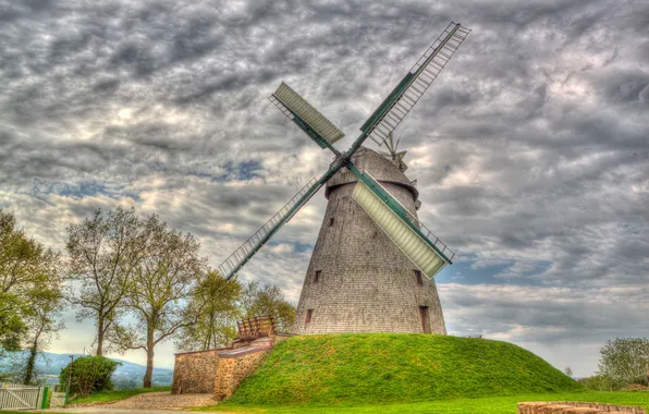 Небо, облака, деревья, горы, hdr, мельница