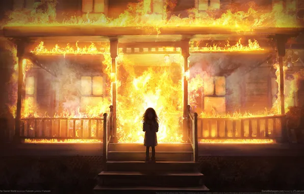 Картинка пожар, огонь, здание, девочка, The Secret World, game wallpapers