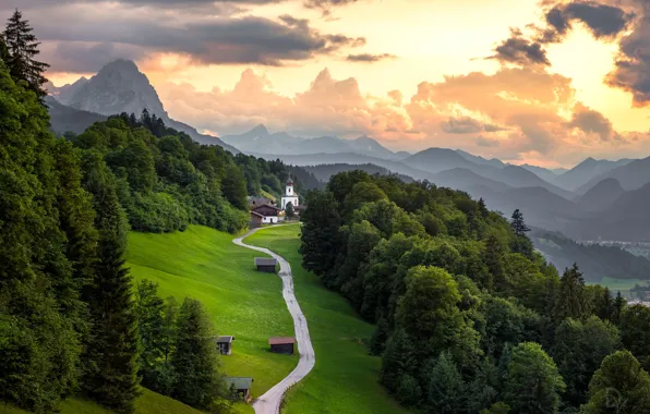 Garmisch-Partenkirchen, пейзаж, горы, церковь, природа, дорога, Германия, Гармиш-Партенкирхен