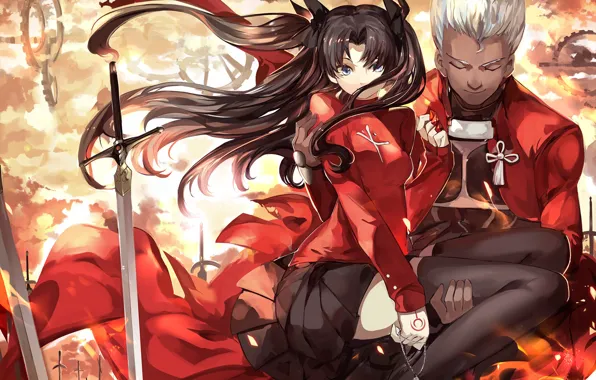 Аниме, двое, Рин, Арчер, Fate / Stay Night