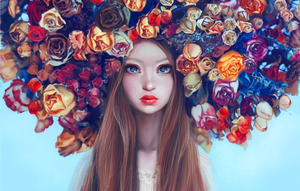 Картинка Girl, Beautiful, Art, Flowers, Eyes, Face, Maka Zedelashvili