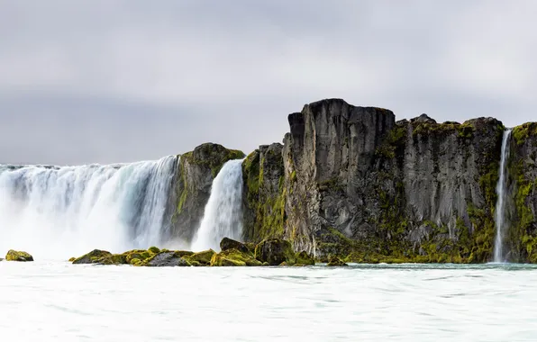 Landscape, nature, water, rocks, island, waterfall, Iceland, moss