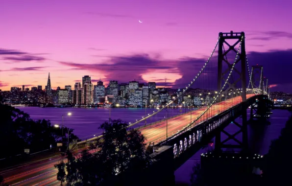 Закат, Луна, San-Francisco, Oakland_Bay_Bridge, Иллюминация