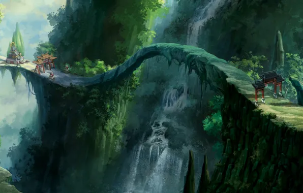 Картинка Мост, Рисунок, Водопад, Деревья