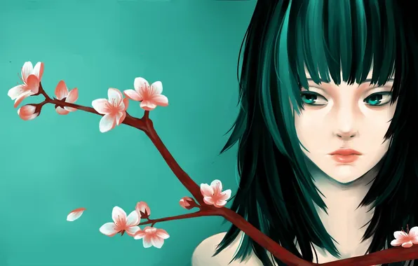 Картинка девушка, цветы, лицо, фон, ветка, арт, персик