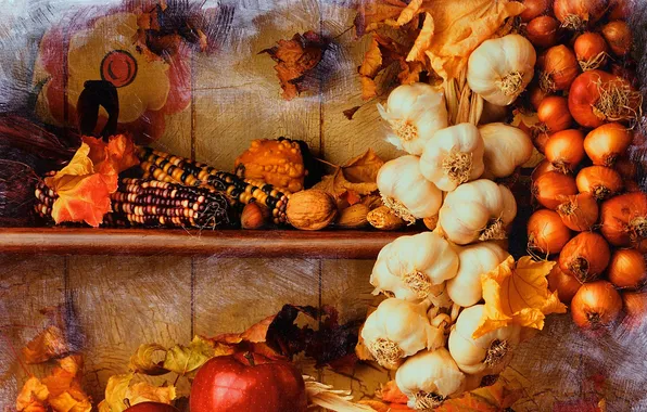 Картинка яблоко, кукуруза, урожай, лук, орехи, натюрморт, овощи, чеснок
