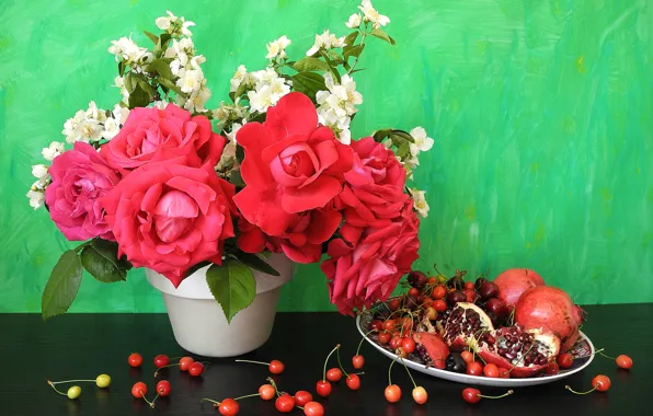 Вишня, розы, rose, натюрморт, flowers, cherry, гранат