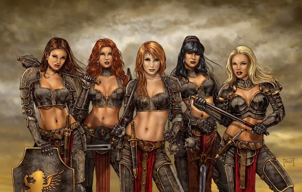 Red, girl, red hair, weapon, redhead, brunette, blonde, shield