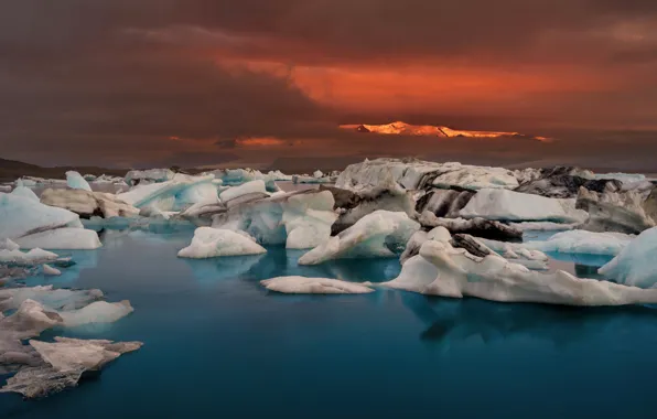 Лёд, зарево, Исландия, ледниковое озеро, Йёкюльсаурлоун