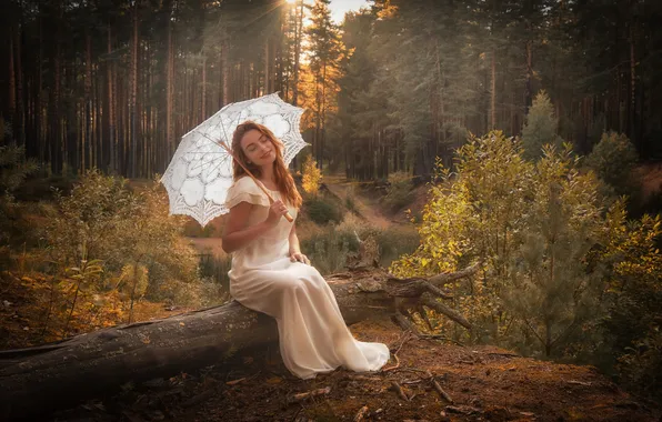 Картинка Модель Анна, ЗЕЛЕНЬ, ПЛАТЬЕ, ПРИРОДА, ЛЕС, ЗОНТ
