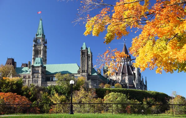 Осень, Деревья, Канада, Здания, Canada, Ontario, Ottawa, Parliament Hill