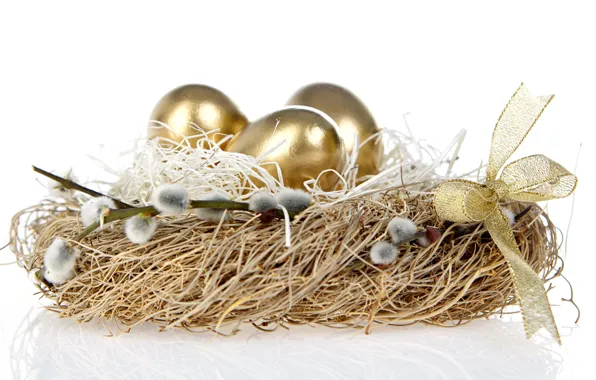 Картинка праздник, пасха, гнездо, бантик, золотые яички