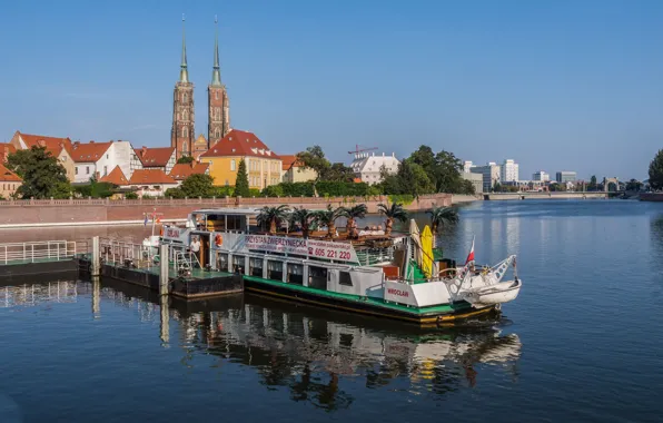 Картинка река, здания, Польша, суда, Вроцлав