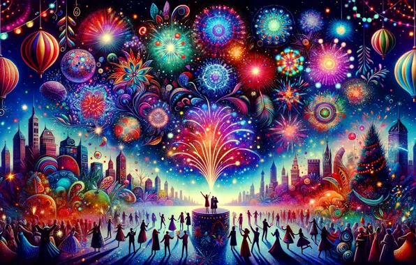 Ночь, город, огни, темный фон, праздник, графика, здания, салют