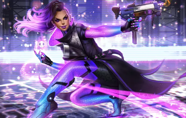 Девушка, gun, blizzard, art, Overwatch, Machine Pistol, Sombra