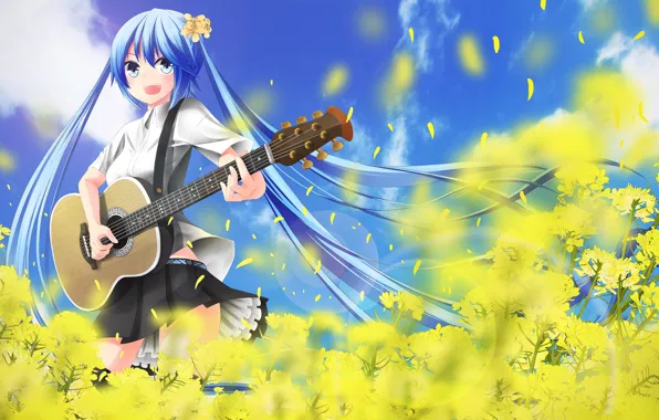 Поле, девушка, цветы, гитара, арт, vocaloid, hatsune miku, музыкальный инструмент