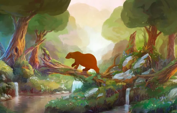 Картинка лес, река, медведь, арт