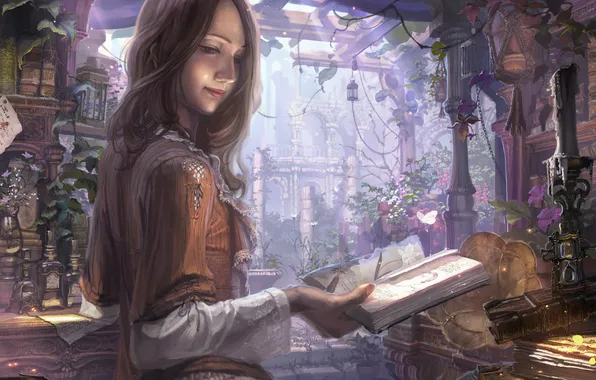 Картинка девушка, бабочки, цветы, пузырьки, книги, свеча, арт, граммофон
