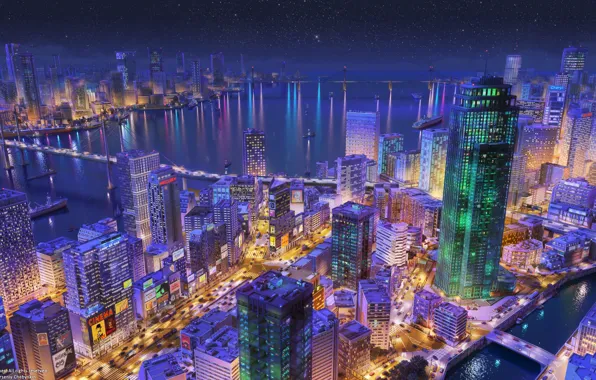 Дорога, Мост, Ночь, Город, Река, Улица, Машины, Здания