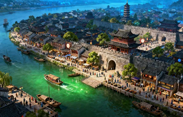 Картинка city, wall, river, people, boats, temple, fantasy city