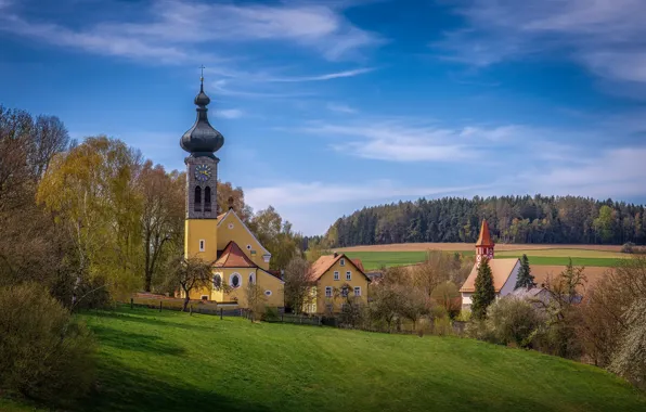 Картинка пейзаж, природа, дома, весна, Германия, Бавария, леса, церкви