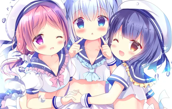 Девочки, Трио, gochuumon wa usagi desu ka?, kafuu chino, azumi kazuki, natsu megumi, jouga maya