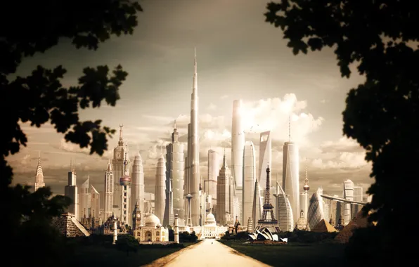 Дорога, небо, облака, город, здания, башни, Megapolis