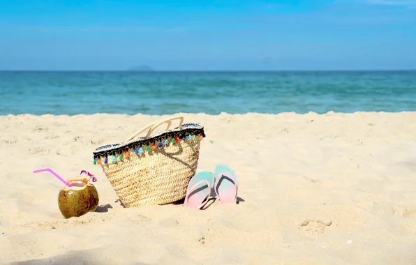 Картинка песок, море, пляж, лето, небо, кокос, summer, beach
