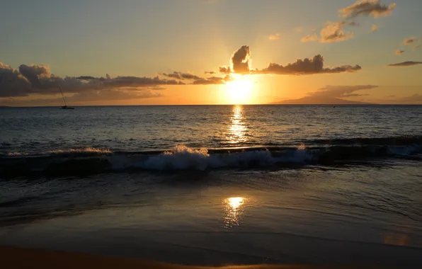 Картинка море, небо, закат, природа, фото, рассвет, горизонт, Гавайи