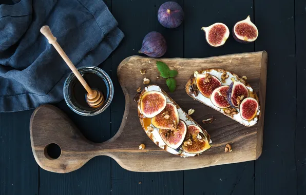 Завтрак, орехи, мёд, мята, бутерброды, инжир, ricotta